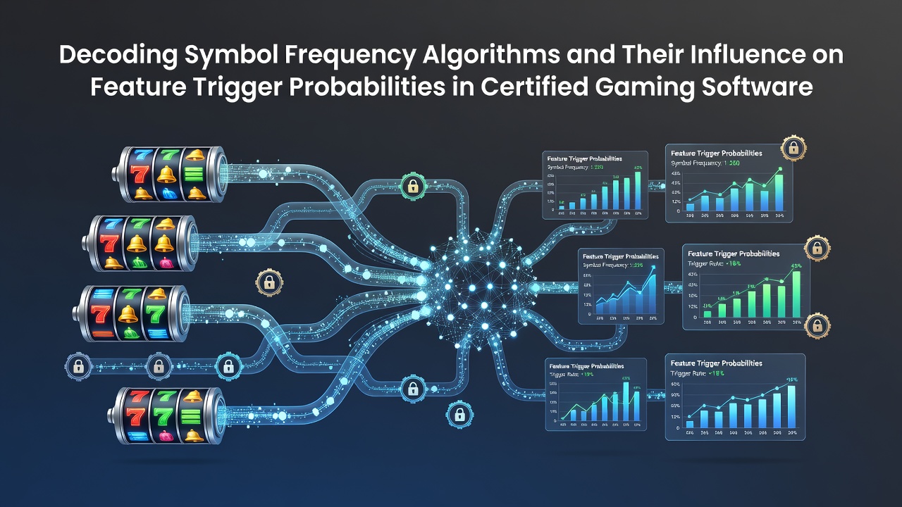 Darstellung eines Algorithmus zur Symbolfrequenzanalyse in zertifizierter Gaming-Software mit Diagrammen und Datenströmen