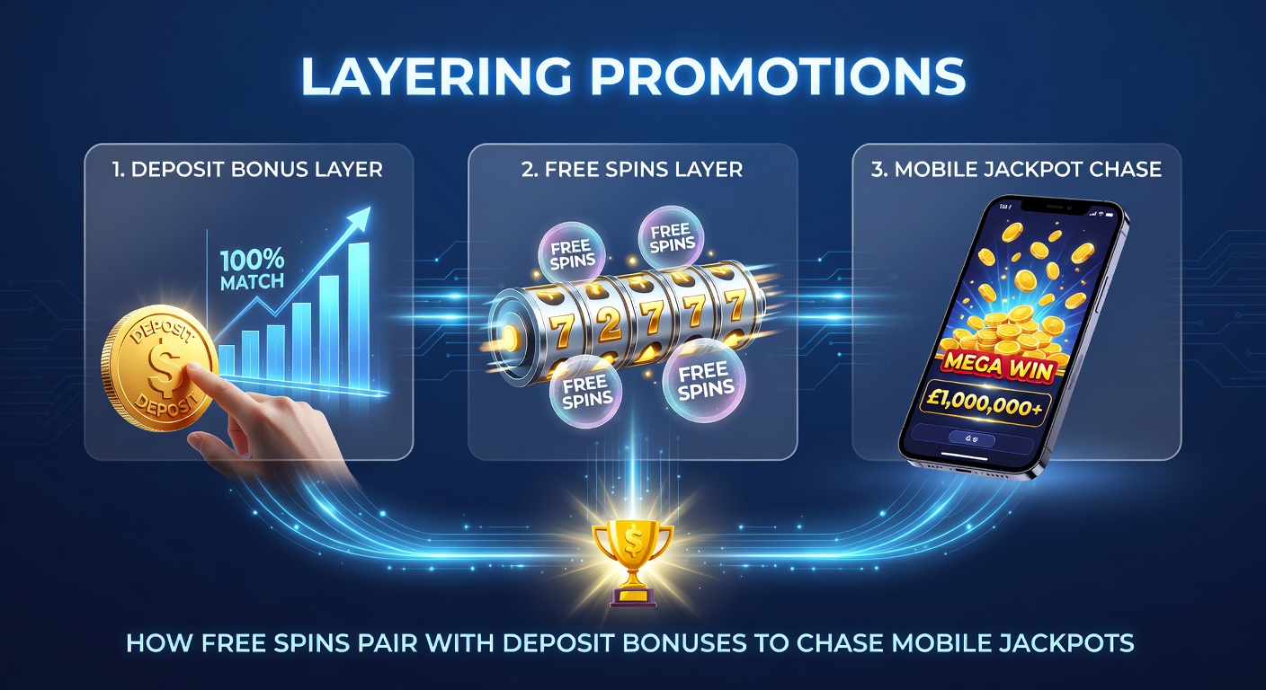 Grafik zeigt gestapelte Casino-Promotions mit Freispielen und Einzahlungsboni auf einem Smartphone-Bildschirm, um progressive Jackpots zu illustrieren